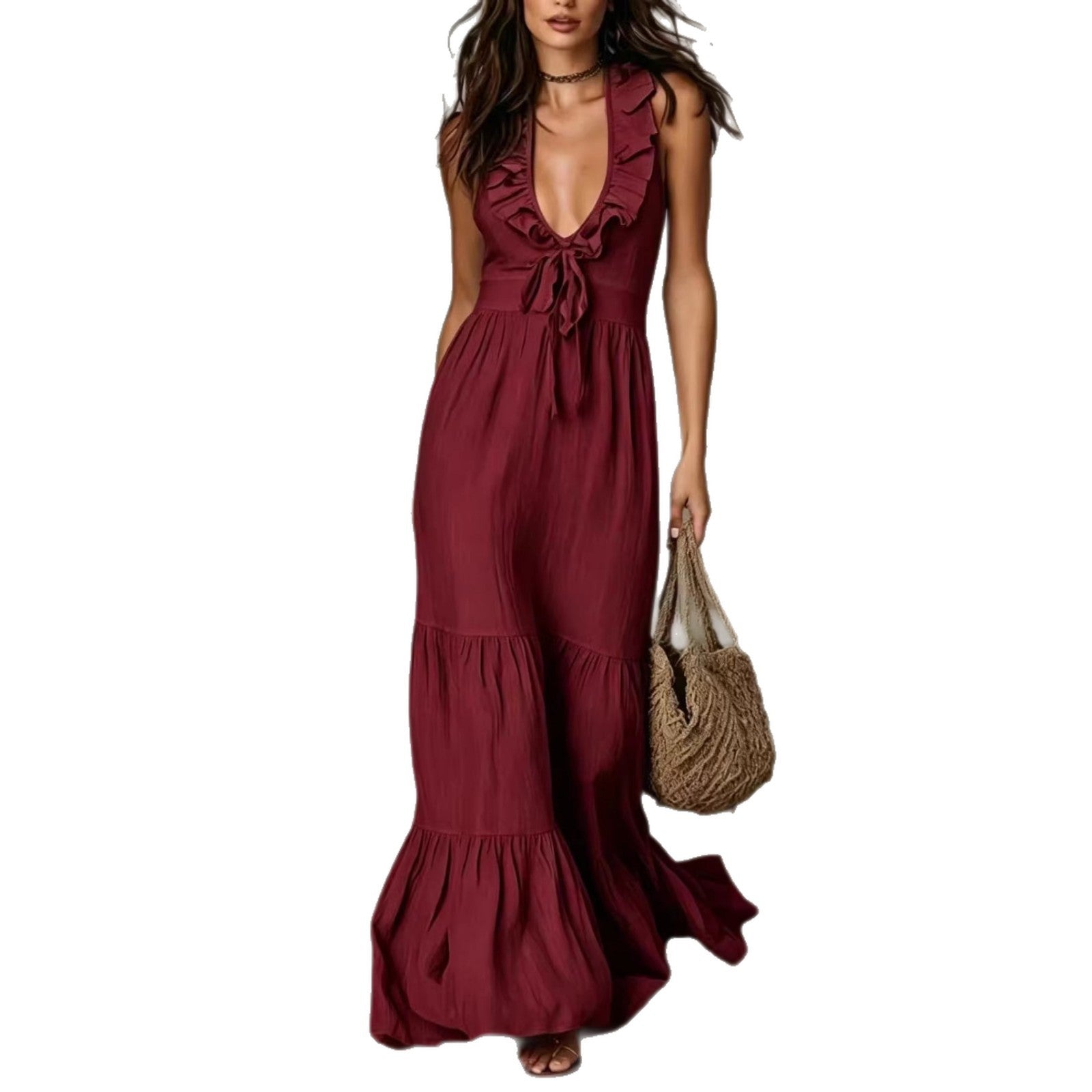 Loose Casual Deep V Ruffled Sleeveless Long Skirt Dress