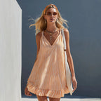 Orange White Vertical Stripe Spaghetti Strap Ruffle Hem Mini Dress