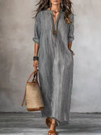 Textured Crinkled V Neck Half Sleeve Loose Maxi Dress