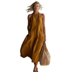 Relaxed Halter Neck Linen Midi Dress with Pockets