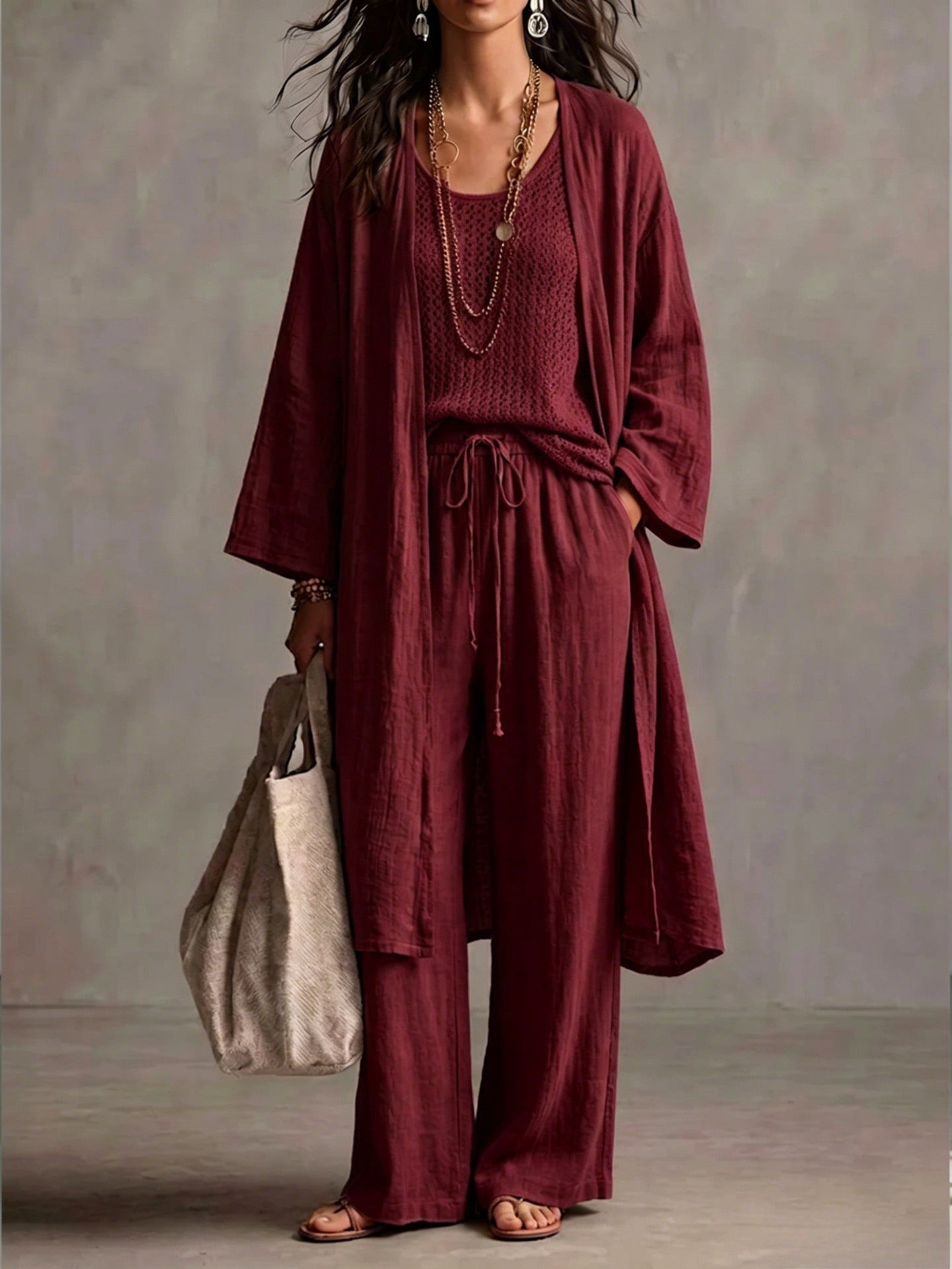 Neutral Beige Linen-Blend Two-Piece Lounge Set