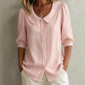 Women Striped Peter Pan Collar Puff Short Sleeve Blouse