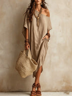 Slanted Shoulder Cotton And Linen Dress Women'S Loose Bat Sleeves Mid-Length Slit Holiday Dress