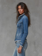 Frayed-Edge Fitted Denim Jacket — Medium Wash