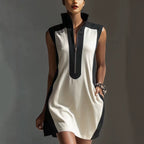 Women's Black & White Color-Block Mini Dress With Stand Collar