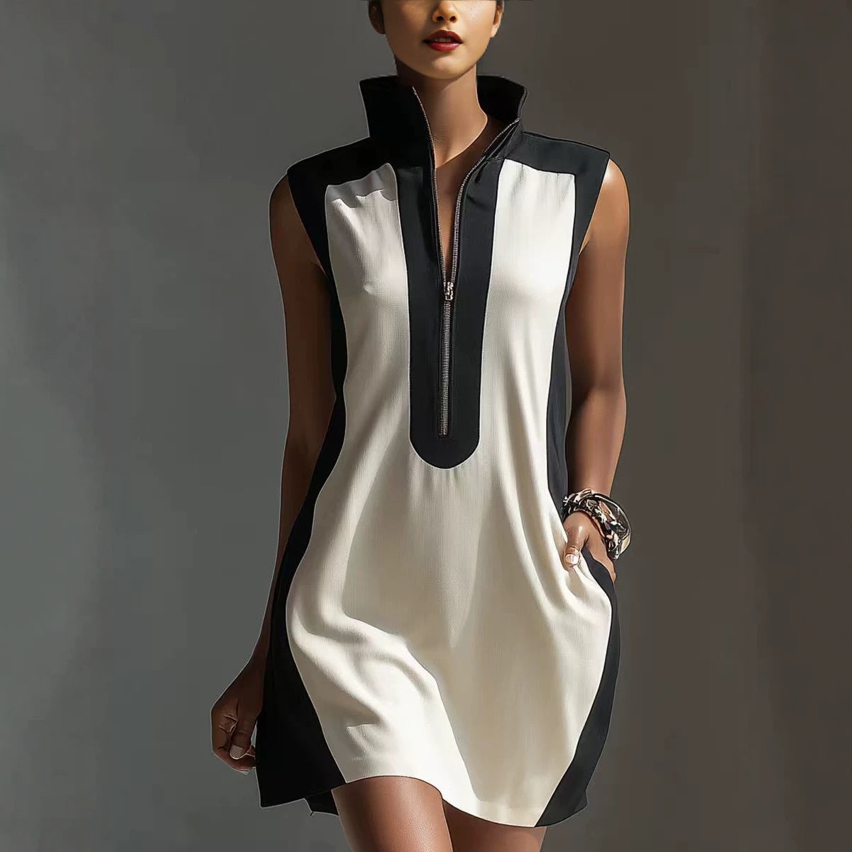 Women's Black & White Color-Block Mini Dress With Stand Collar