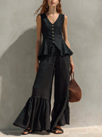 Mustard Linen-Blend Peplum Top & Ruffled Wide-Leg Pants Set