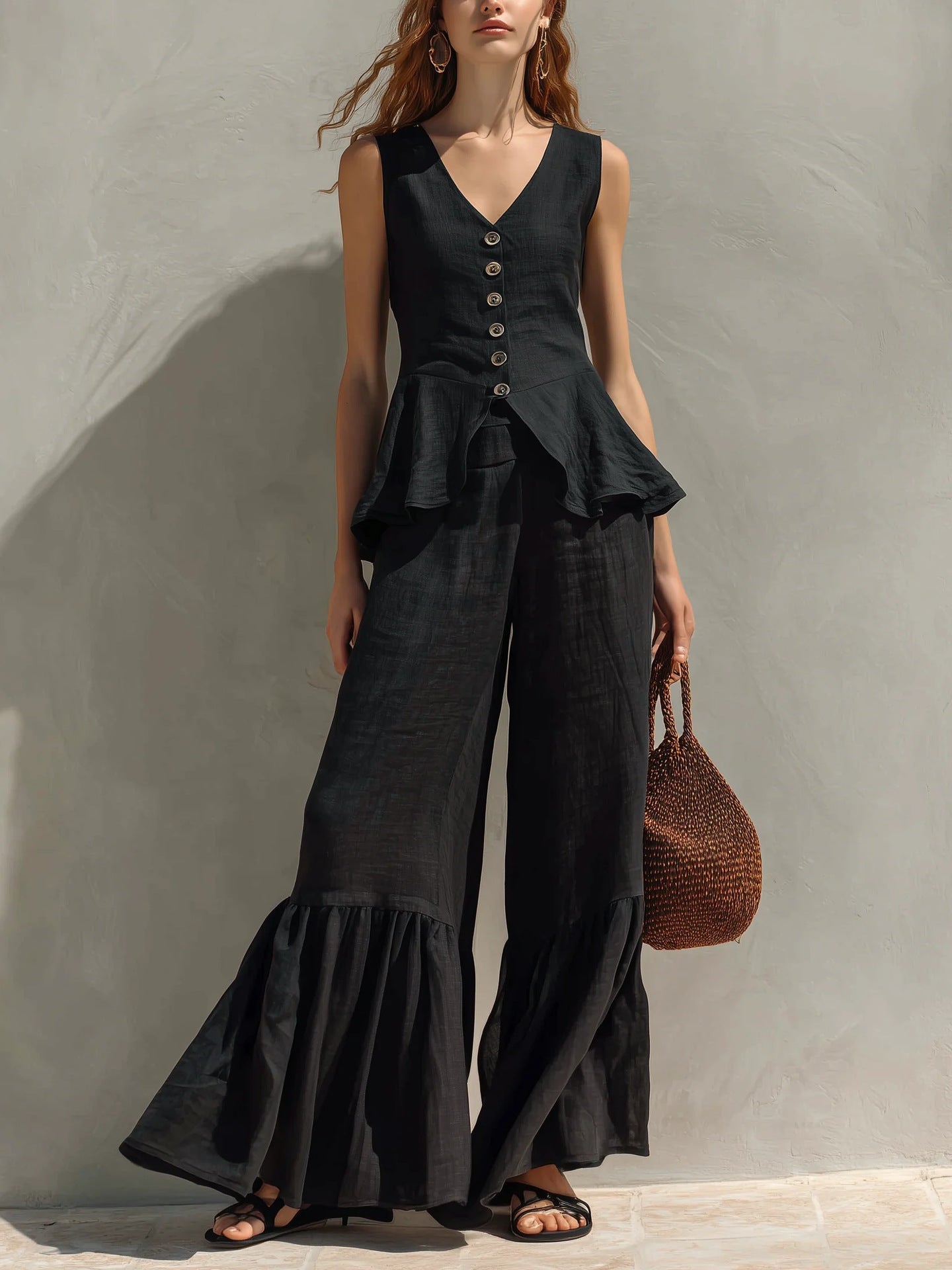 Mustard Linen-Blend Peplum Top & Ruffled Wide-Leg Pants Set