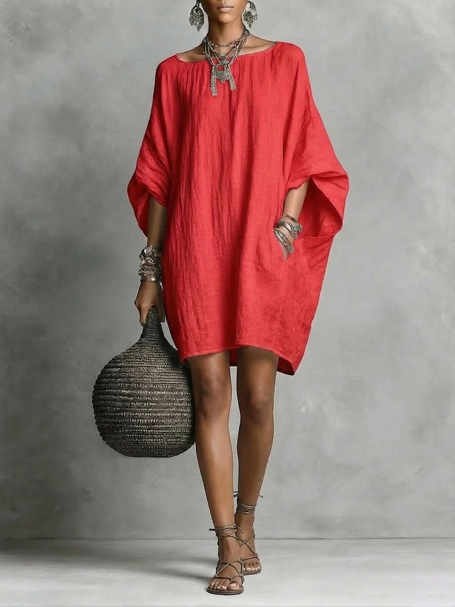 Women's Solid-color round-neck 3/4-sleeve Casual Loose Cotton-linen Dress