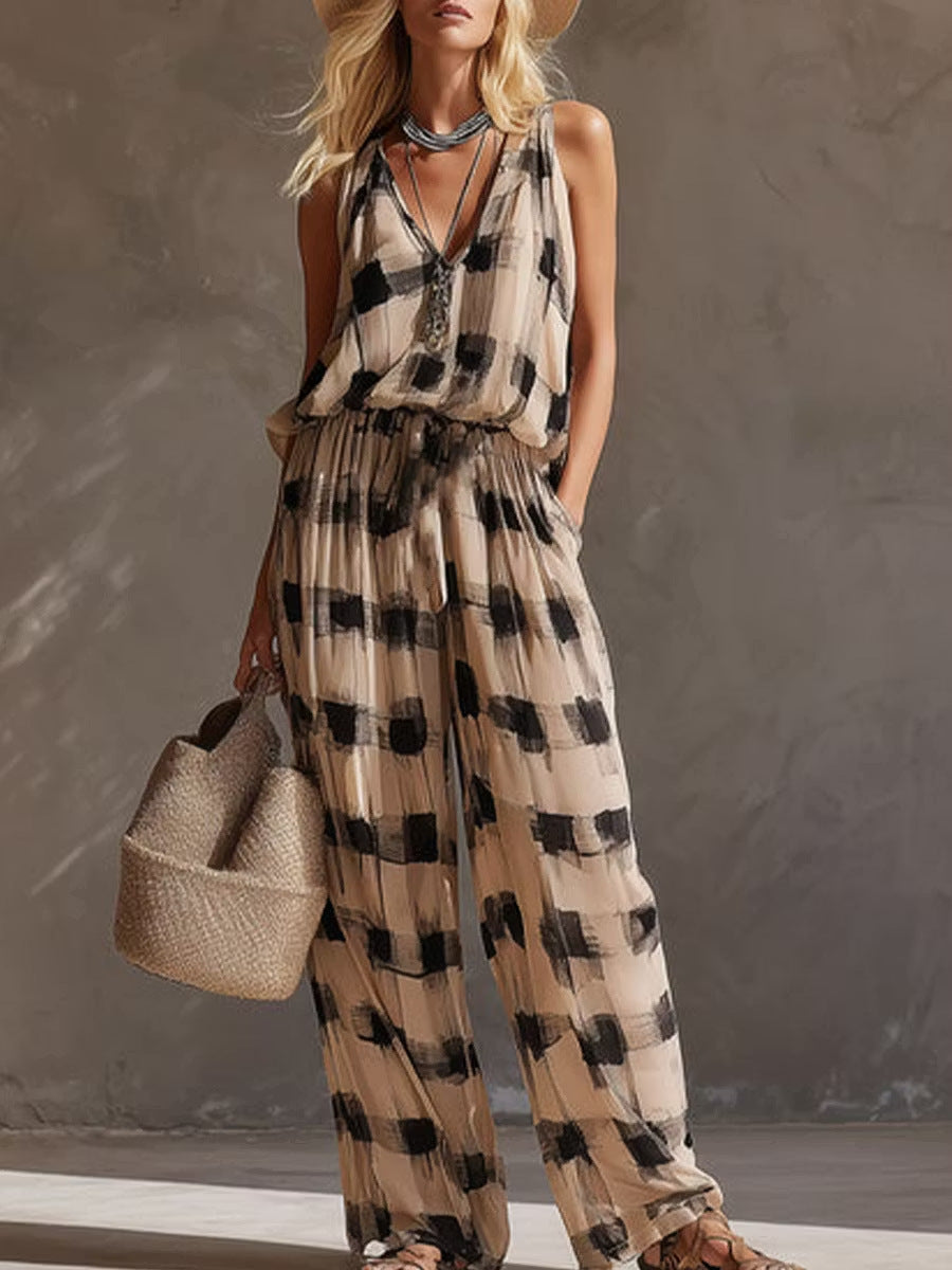 Women'S Abstract‑Print Sleeveless V‑Neck Wide‑Leg Jumpsuit