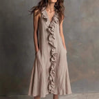 🌿 Ruffle V-Neck Sleeveless Midi Dress