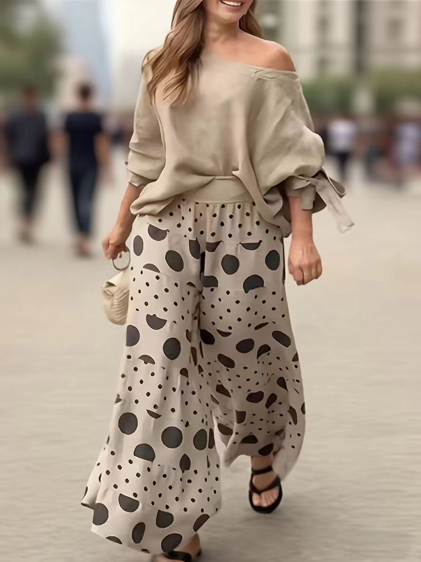 Linen Off Shoulder Top & Polka Dot Tiered Wide Leg Pants Two Piece Set