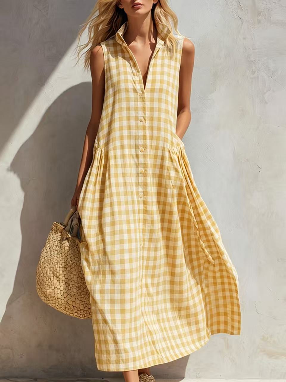 Women's Summer Resort Seaside Plaid Sleeveless Loose Long Dress