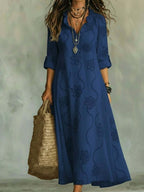 Women'S Ruffle V‑Neck Floral Embroidery Roll‑Up Sleeve Maxi Dress