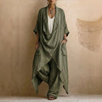 Casual Bohemian Style Suit Consists Of Two Pieces, A Long Linen Cotton Top And Trousers