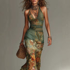 Boho Floral Halter Mesh Maxi Dress