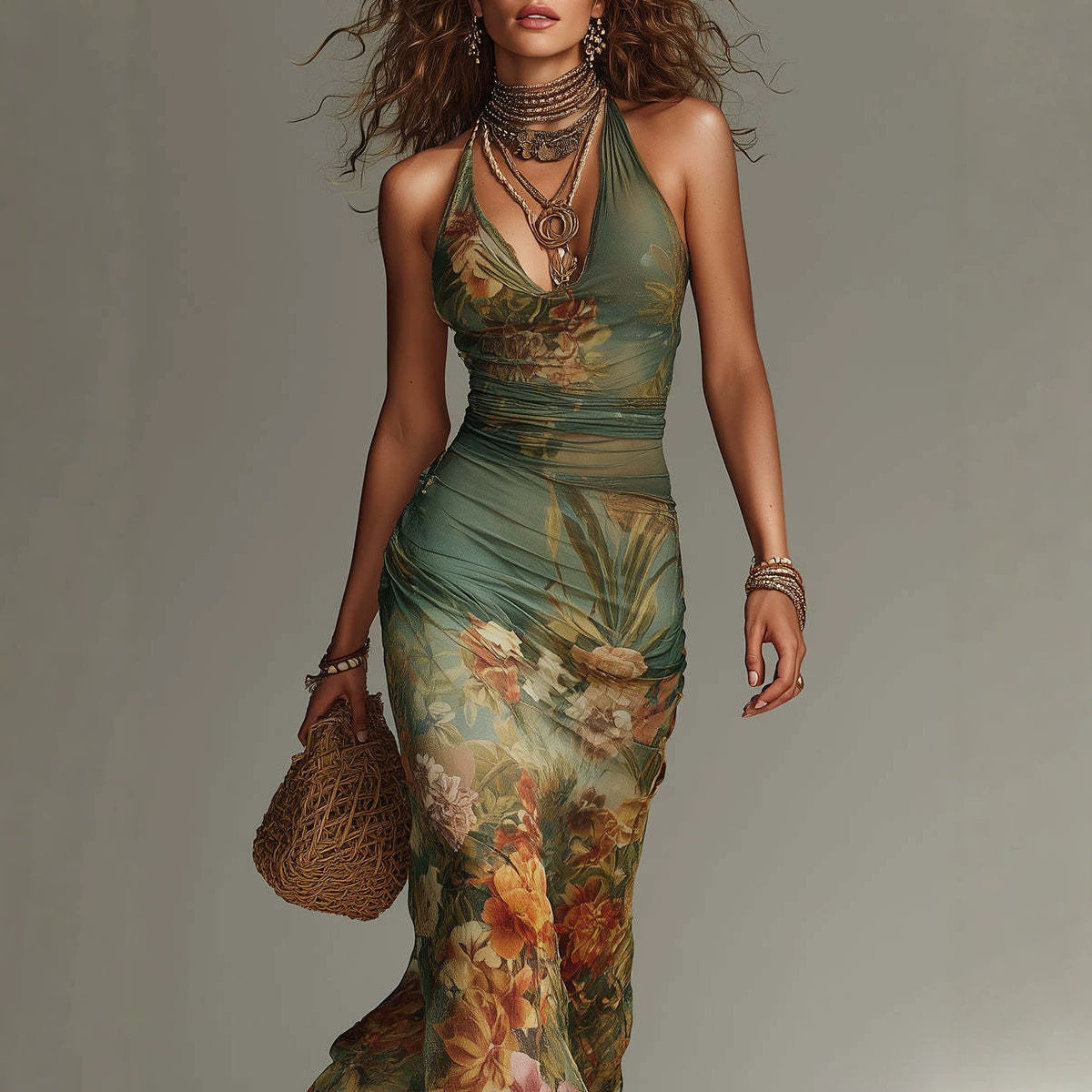 Boho Floral Halter Mesh Maxi Dress