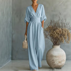 Women'S Surplice V‑Neck Cuffed Sleeve Wide‑Leg Linen‑Blend Jumpsuit