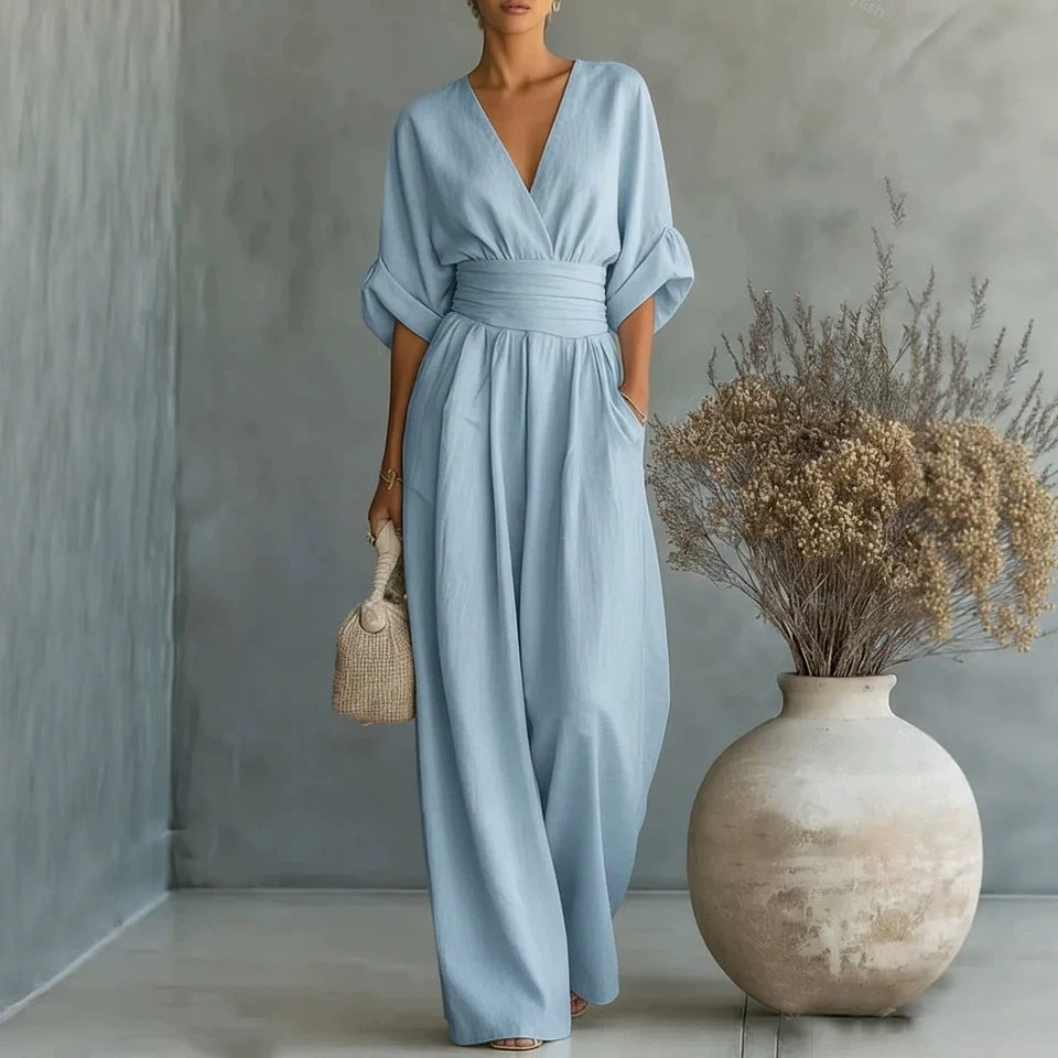 Women'S Surplice V‑Neck Cuffed Sleeve Wide‑Leg Linen‑Blend Jumpsuit
