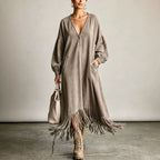Boho Casual Deep V Neck Fringe Hem Oversized Midi Dress