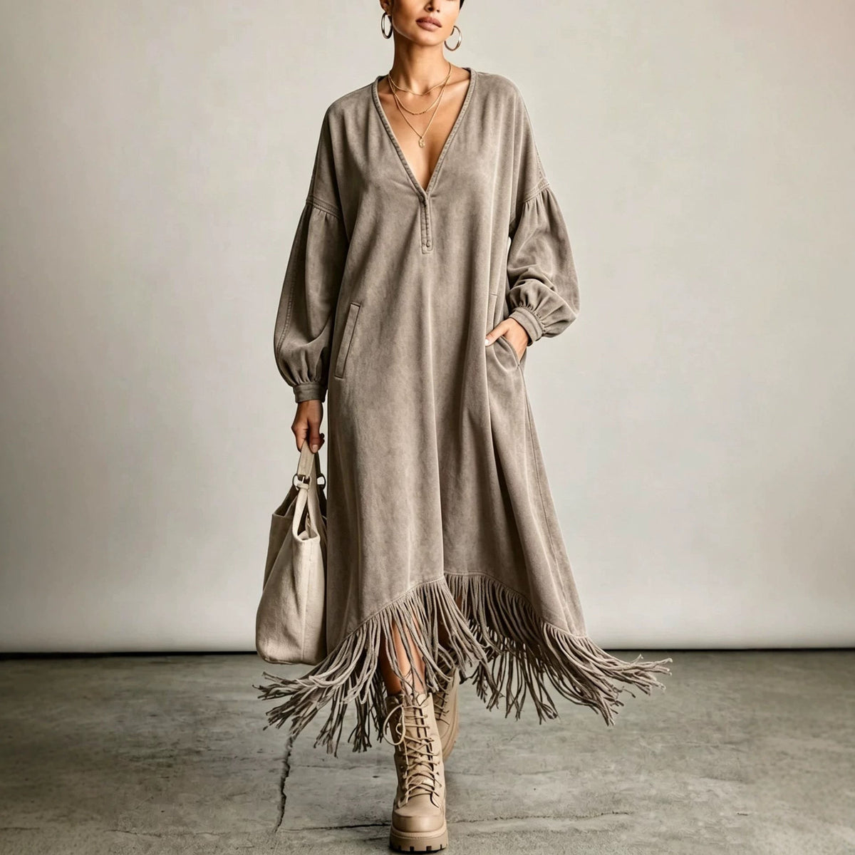 Boho Casual Deep V Neck Fringe Hem Oversized Midi Dress