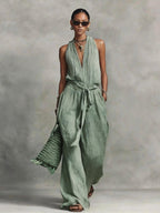 Casual Lace-Up Sleeveless Cotton Blend Jumpsuit