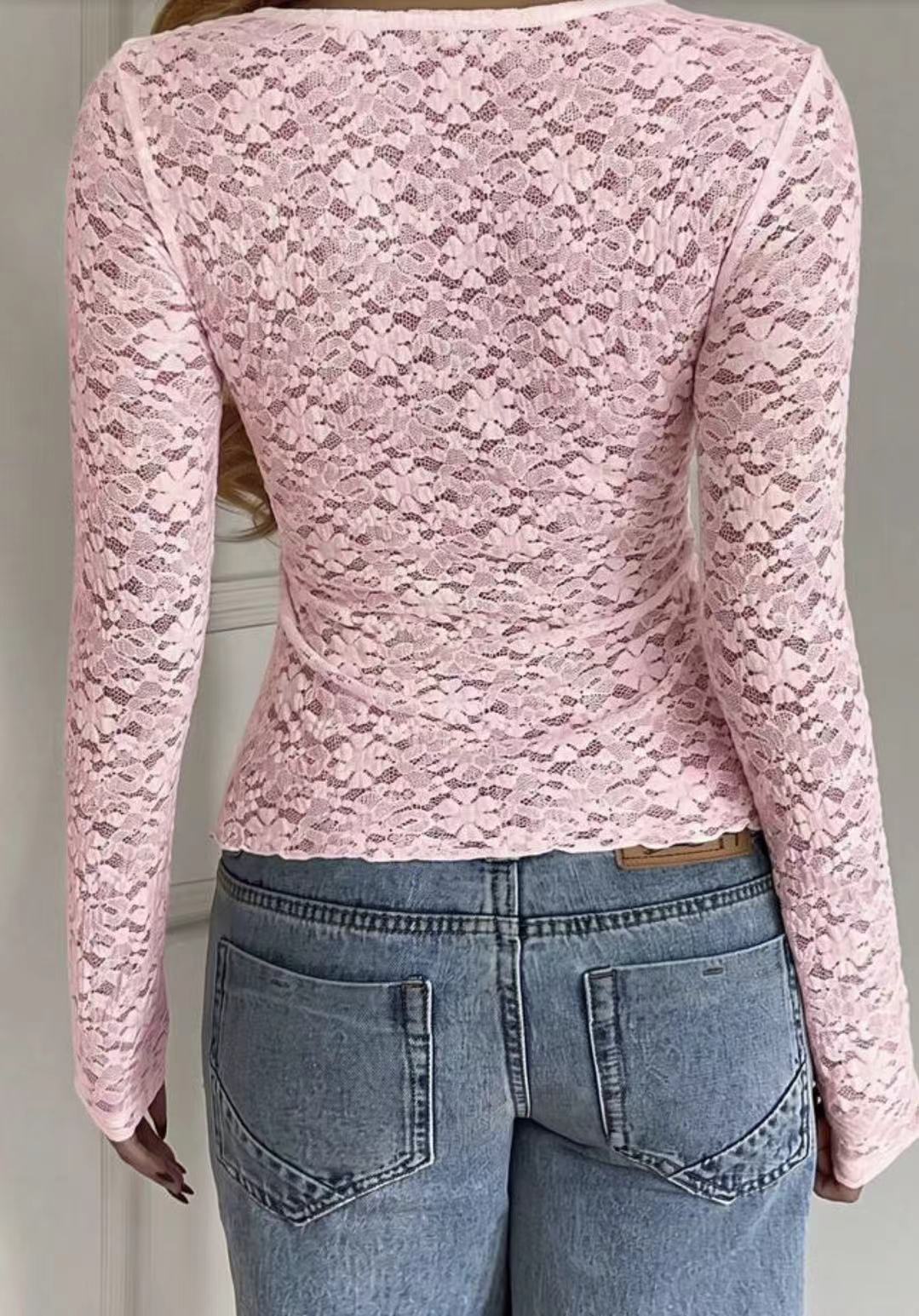 Floral Lace Long Sleeve V-Neck Peplum Top
