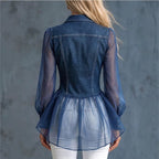Denim Sheer Organza Puff Sleeve Peplum Fitted Shirt Blouse