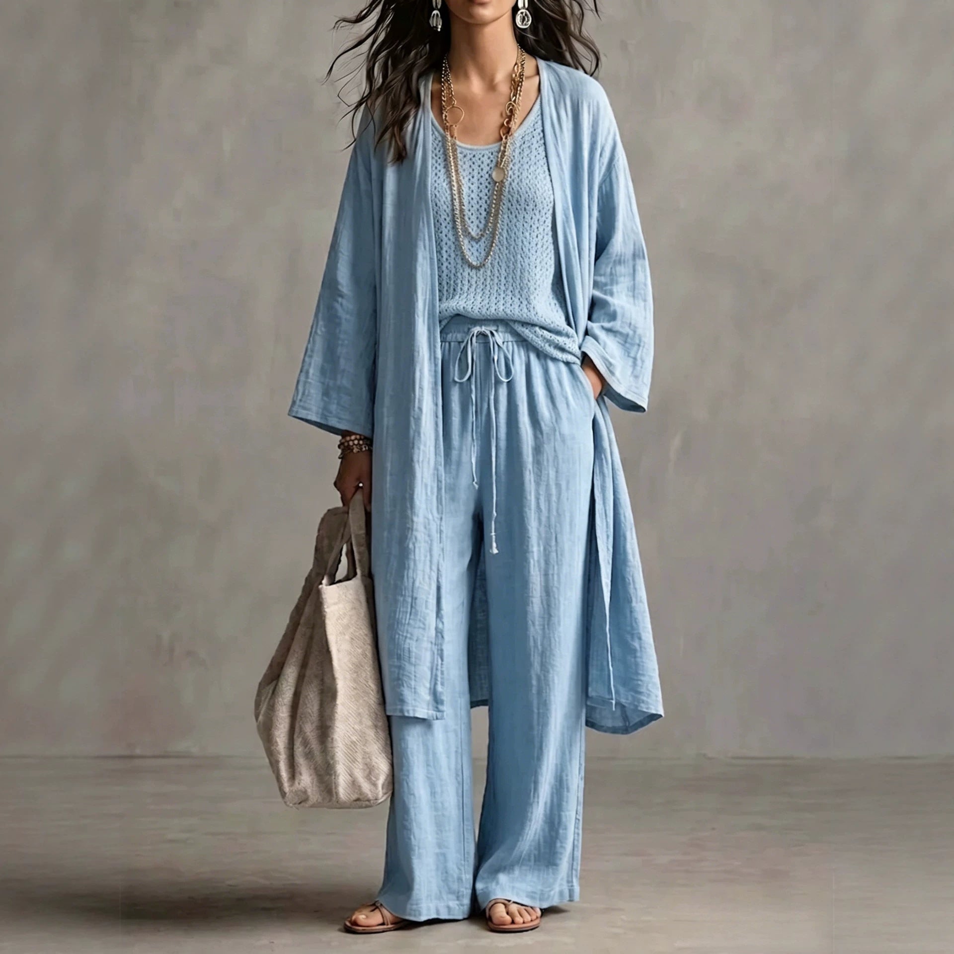 Neutral Beige Linen-Blend Two-Piece Lounge Set
