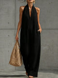 Linen Halter Deep V Wide Leg Cuffed Jumpsuit