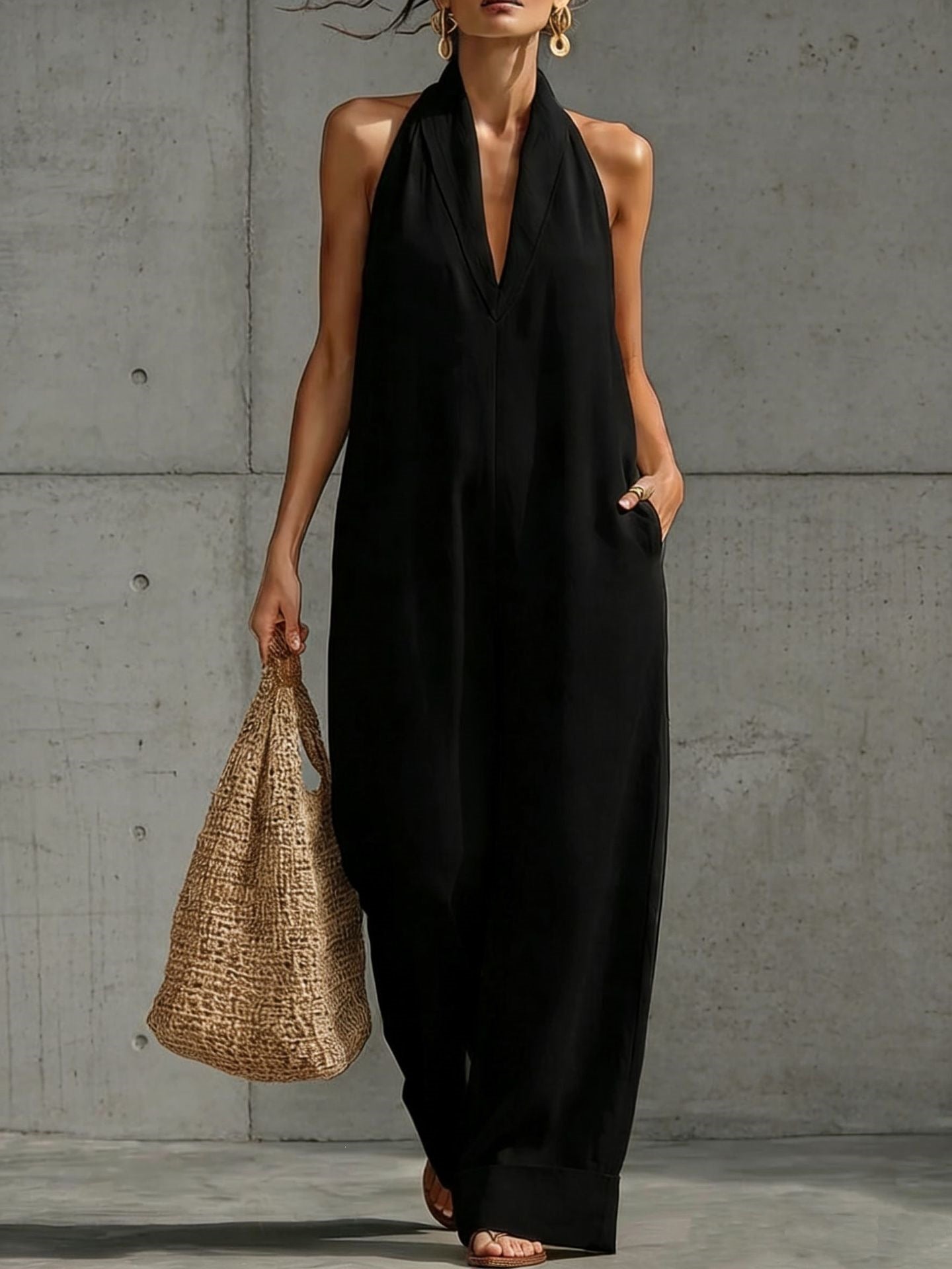 Linen Halter Deep V Wide Leg Cuffed Jumpsuit
