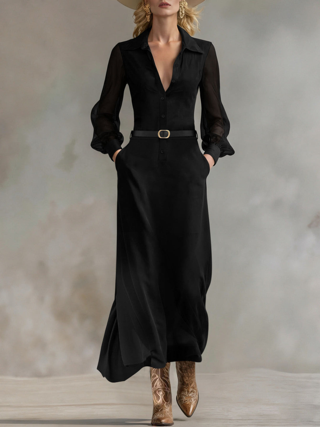 Sheer Sleeve Belted Maxi Shirt Dress