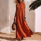 Casual Solid Color Cotton And Linen Sleeveless Side Slit Maxi Dress