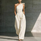 Sleeveless Slanted Shoulder Waist Jumpsuit