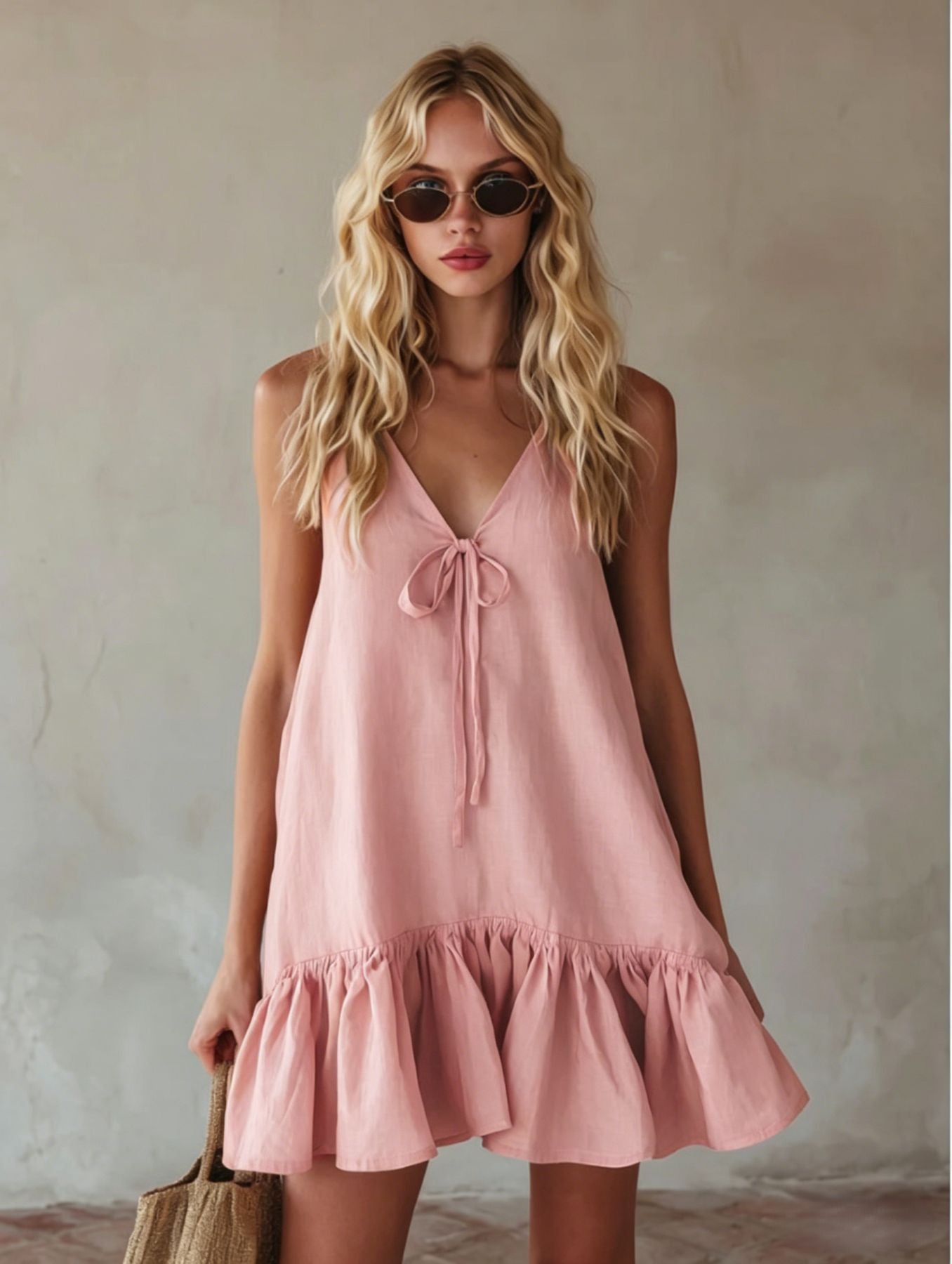 Mustard Tie Front Spaghetti Strap Linen Mini Dress