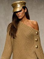Oversized Off-Shoulder Button Knit Mini Dress