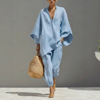 Women's Neutral Linen Set With Asymmetric Hem & Minimalist Design, Sophisticated Daily-Casual Style Set
