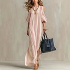 Vertical Stripe Cold Shoulder Split Maxi Shift Dress