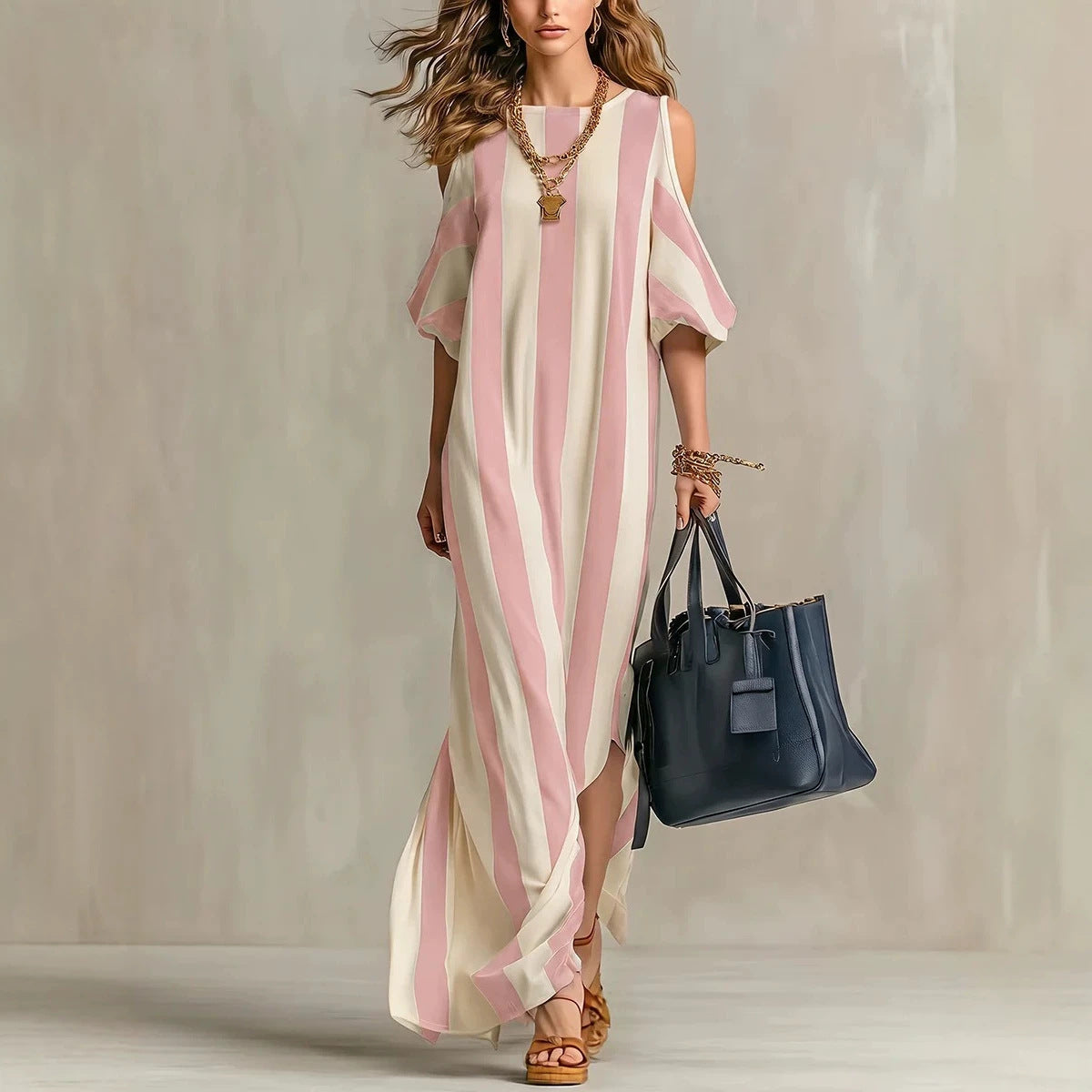 Vertical Stripe Cold Shoulder Split Maxi Shift Dress