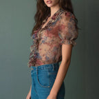Vintage Watercolor Floral Sheer Ruffle Blouse