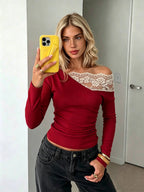 Stylish And Elegant Off-shoulder Knit Top With Lace Detailing