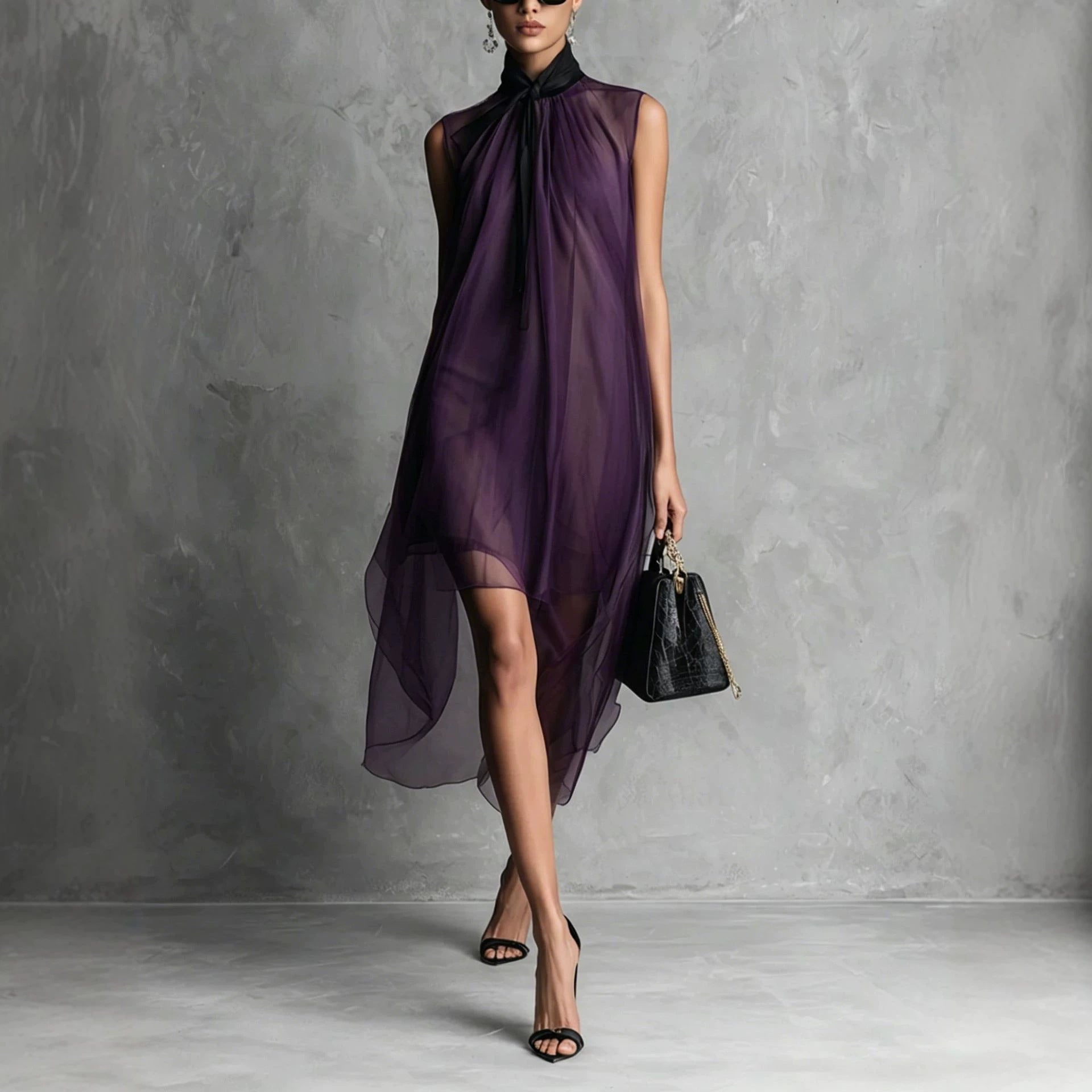Sheer Mesh Sleeveless Tie Neck Asymmetrical Midi Dress