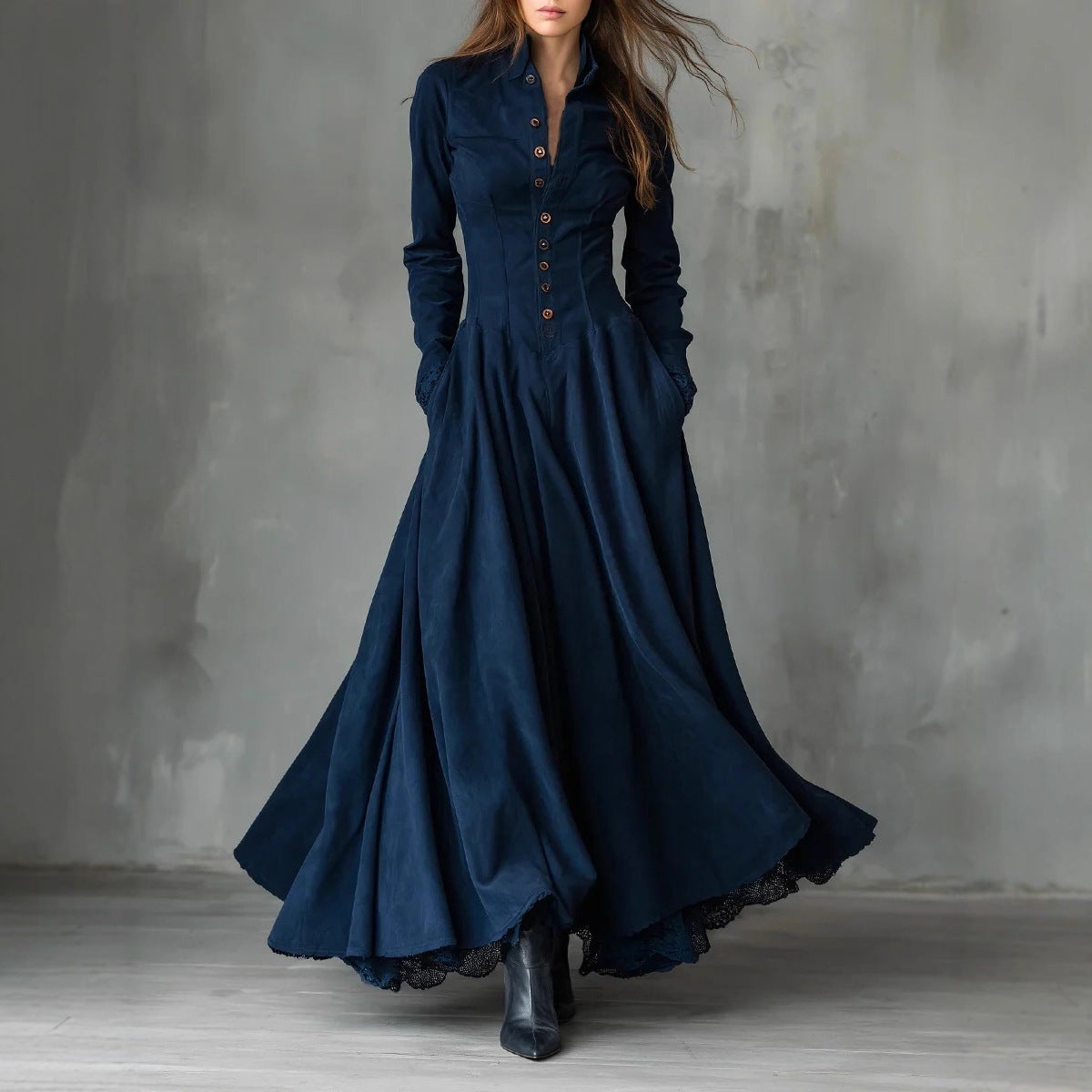 Women'S Vintage Stand‑Collar Button‑Front Maxi Dress