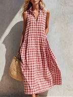 Women's Summer Resort Seaside Plaid Sleeveless Loose Long Dress