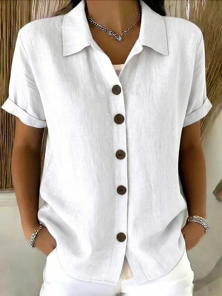 Women's Turn-Down Collar Short Sleeve Linen Shirt