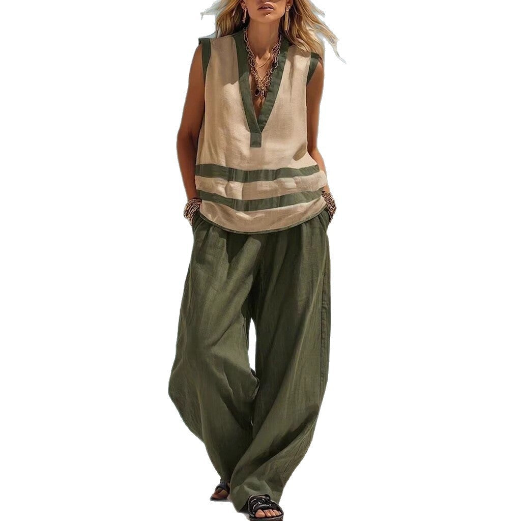 V-Neck Sleeveless Vest Wide-Leg Pants Suit Loose Casual Two-Piece Set For Women