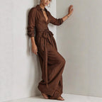 Women'S Shirt‑Style Self‑Tie Belt Wide‑Leg Jumpsuit