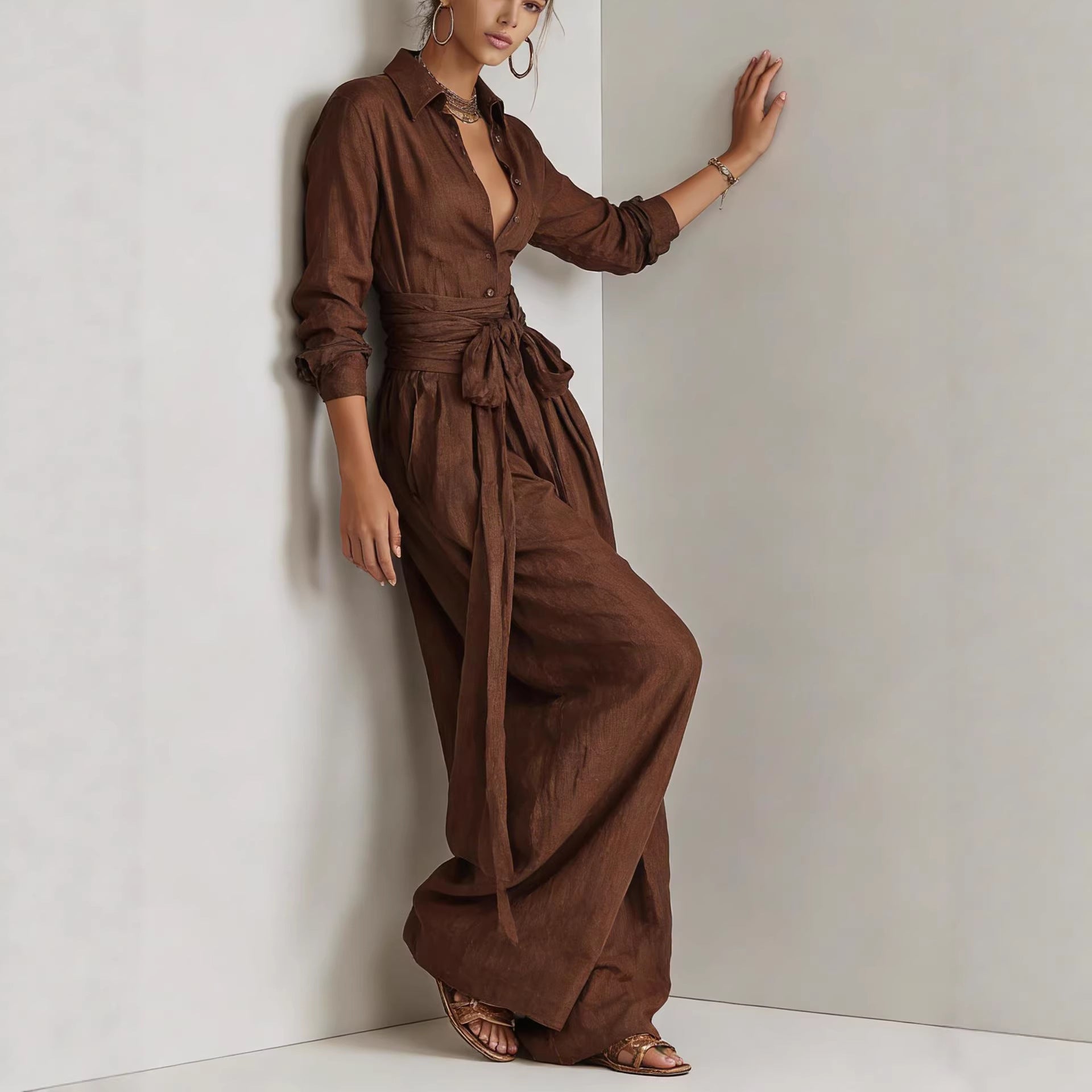 Women'S Shirt‑Style Self‑Tie Belt Wide‑Leg Jumpsuit