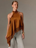 Satin Halter Asymmetrical Lace Hem Cami Top