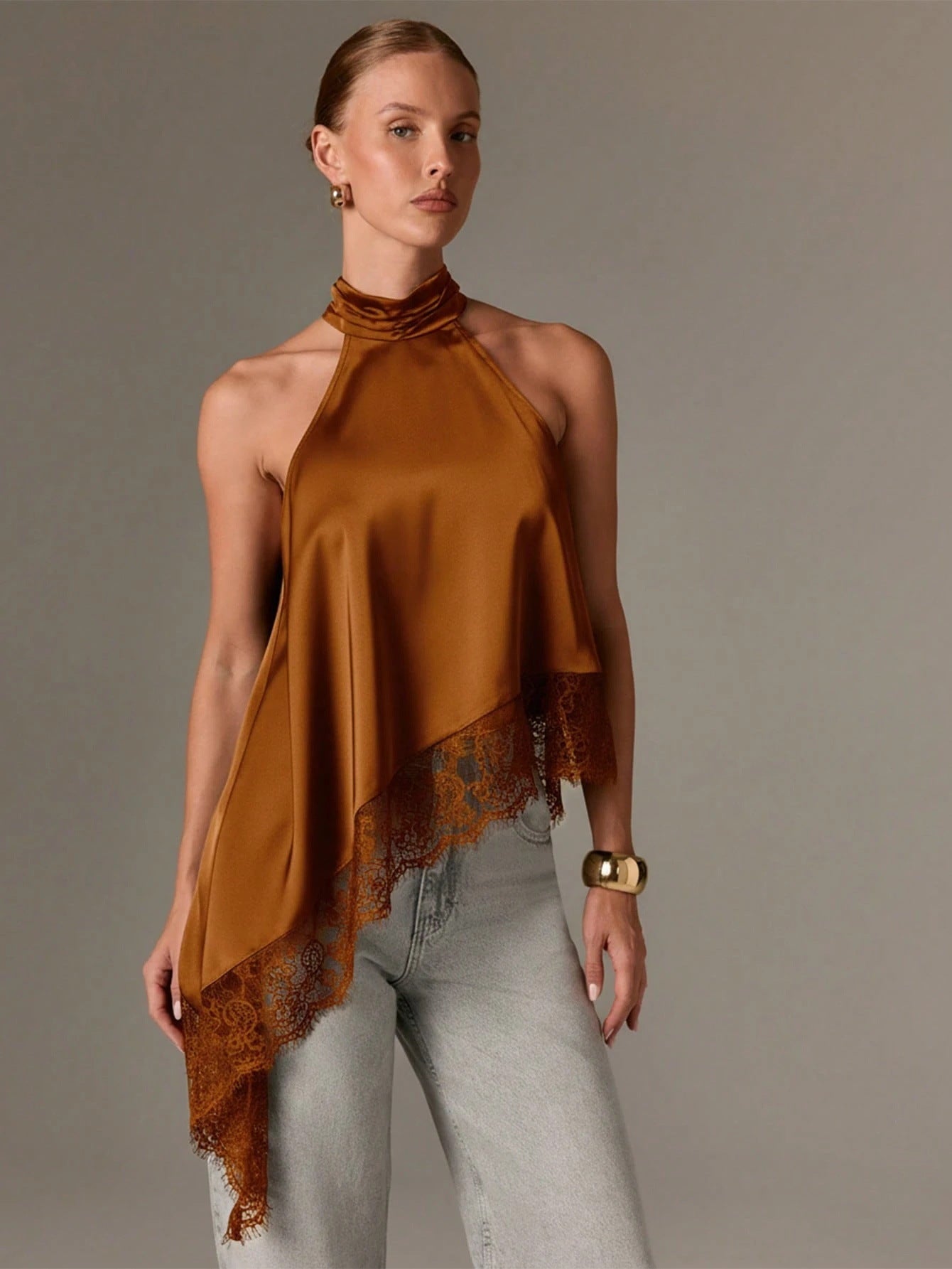 Satin Halter Asymmetrical Lace Hem Cami Top